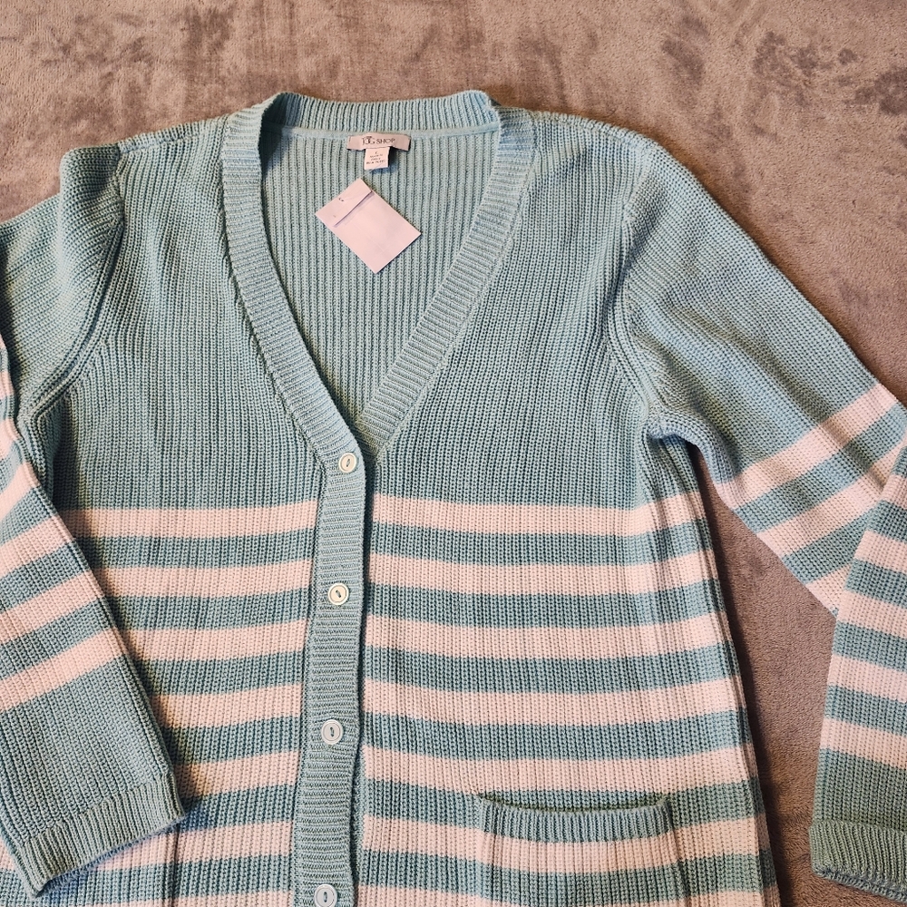 Tog Shop Cardigan Sz Large, Aqua Blue & White Stripes,  Knit W Pockets NWT,